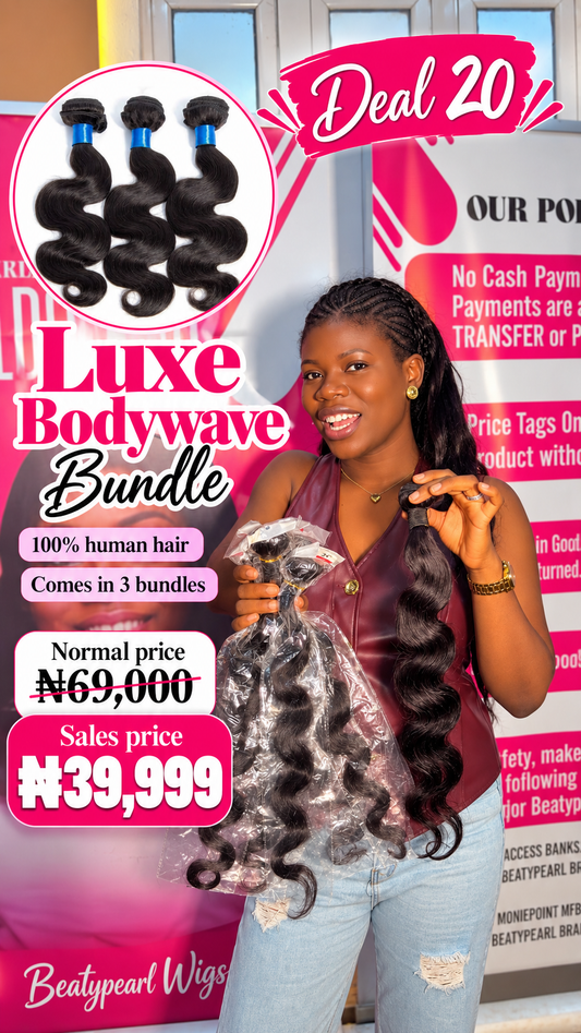 Deal 20
Luxe bodywave bundle
100% human hair
Comes in 3 bundles
