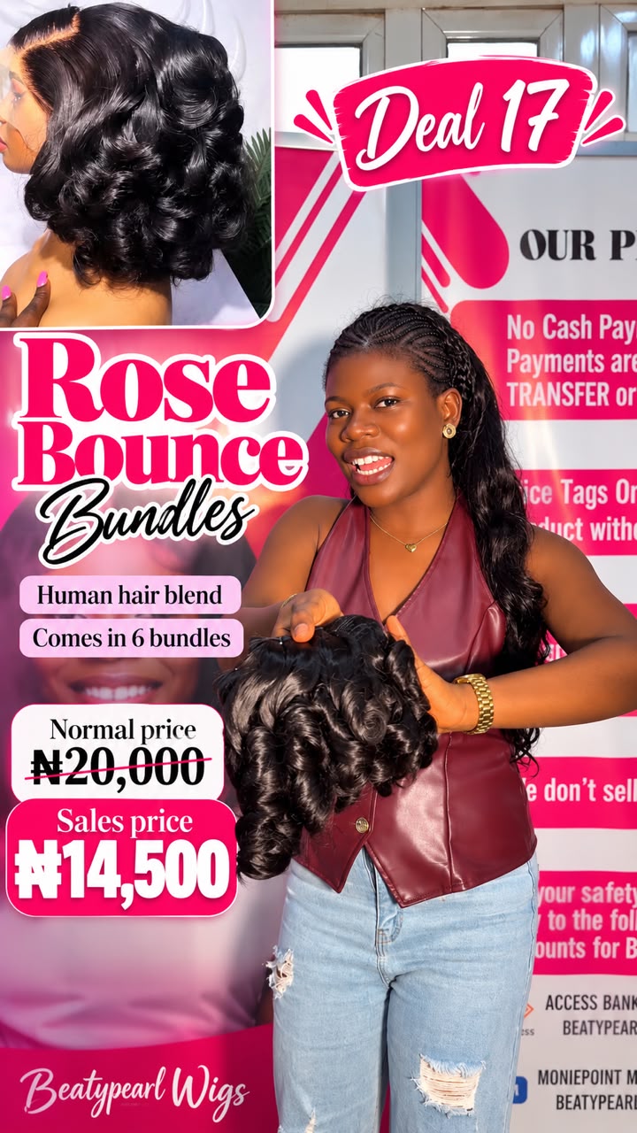 Deal 17
Rose bounce
Human hair blend
Comes in 6 bundles